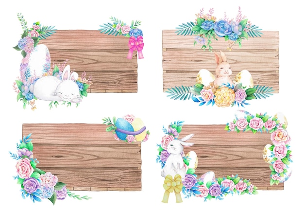 Letreros de madera de acuarela con decoración de pascua de primavera Ilustraciones de acuarela