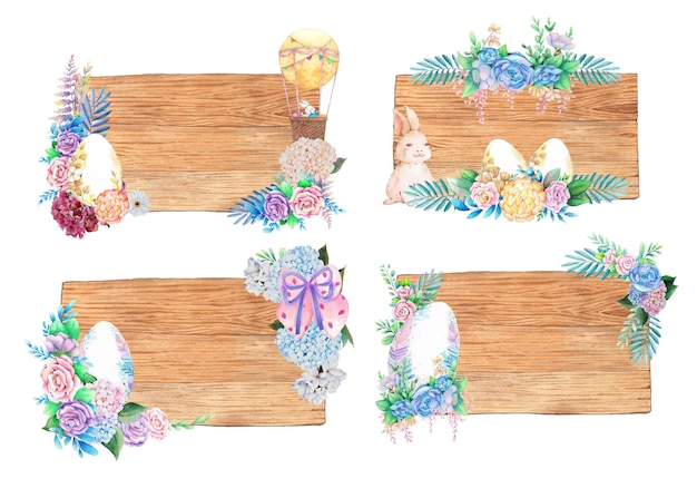Letreros de madera de acuarela con decoración de pascua de primavera Ilustraciones de acuarela