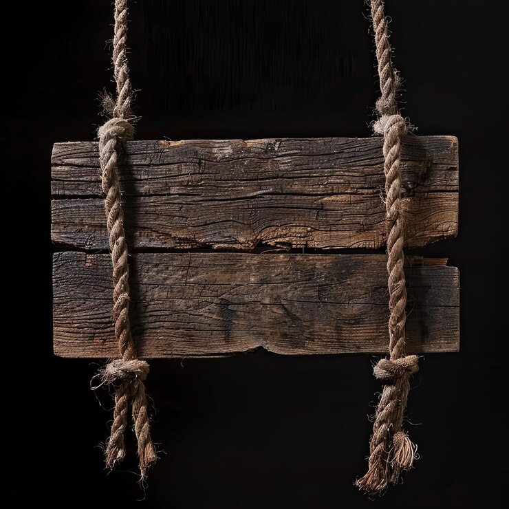 Foto letreros de madera rústicos colgantes con cuerdas sobre un fondo negro