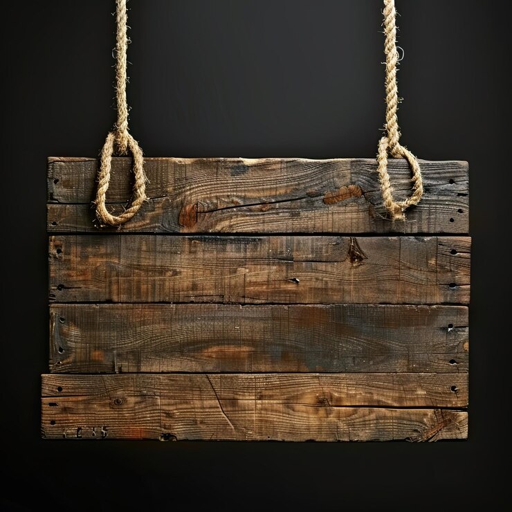 Foto letreros de madera rústicos colgantes con cuerdas sobre un fondo negro