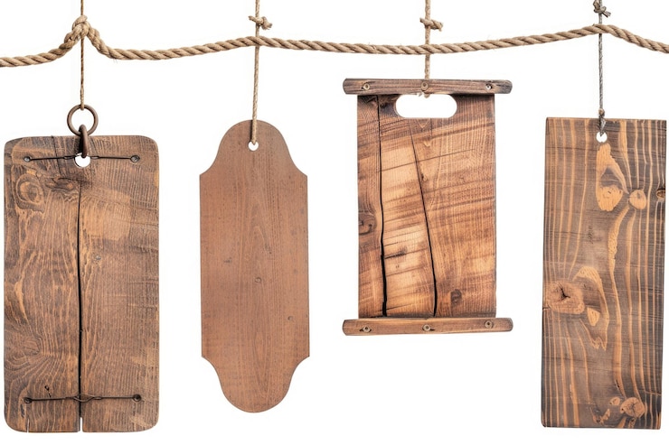 Foto letreros de madera vacíos en cuerda y cadena disparados individualmente