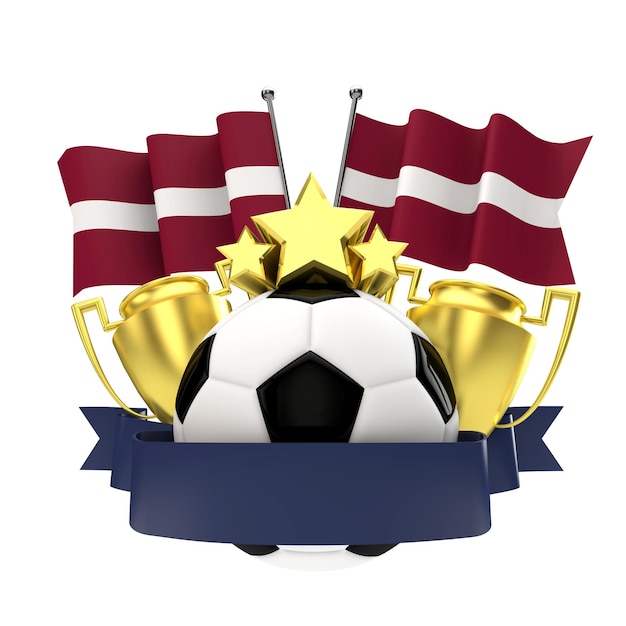 Lettisches Flaggen-Fußballsieger-Emblem mit Trophäensternenball und Band 3D-Rendering