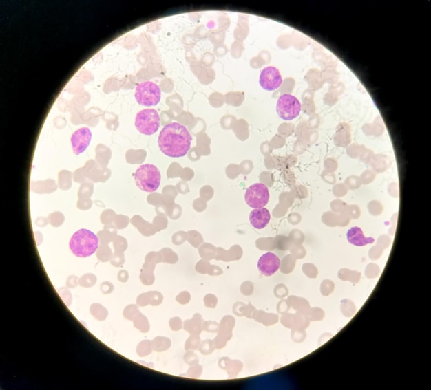 Foto la leucemia mieloide aguda (lma) es un tipo de cáncer de la sangre. examen microscópico de células blásticas.