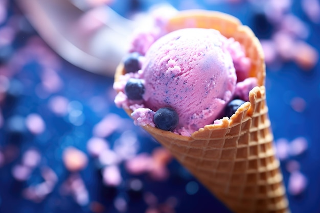 Leuchtend beleuchtete Eiscreme-Schüssel mit Blaubeeren in einer Kegel-Nähe