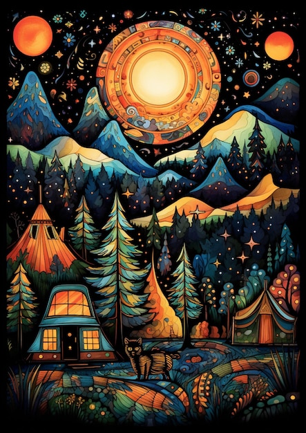 Leuchtend beleuchtetes Gemälde einer Nachtszene mit einem Lagerfeuer und einem Berg-Generativ-Ai