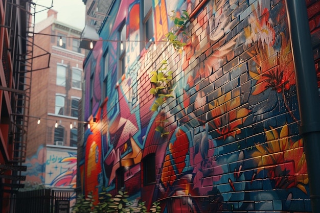 Leuchtend bemalte Wandmalereien schmücken städtische Gassen