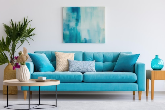 Leuchtend blaue Couch und Kissen im zeitgenössischen Wohnzimmer Soziale Medien-Banner mit stilvollem Zuhause