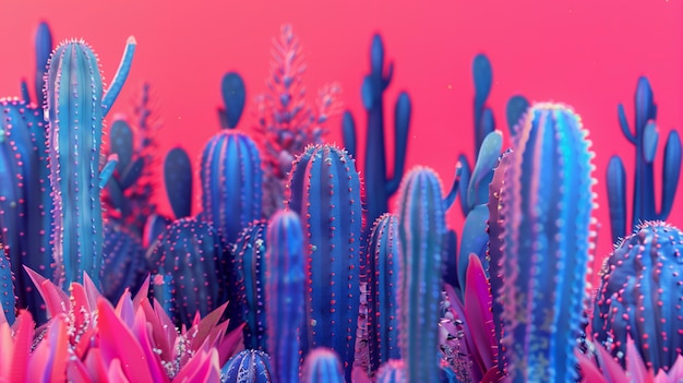 Leuchtend blaue Kaktuspflanzen vor einem rosa Hintergrund, erzeugt von künstlicher Intelligenz
