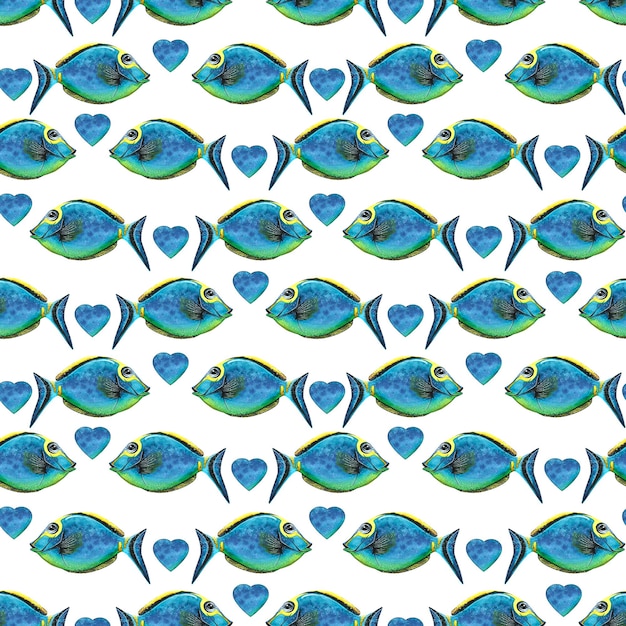 Leuchtend blauer tropischer Fisch mit Herzen auf weißem Hintergrund Nahtloses Muster der Aquarellillustration Für Gewebetextiltapetenverpackungs-Geschenkpapier Scrapbookingdekoration und -design