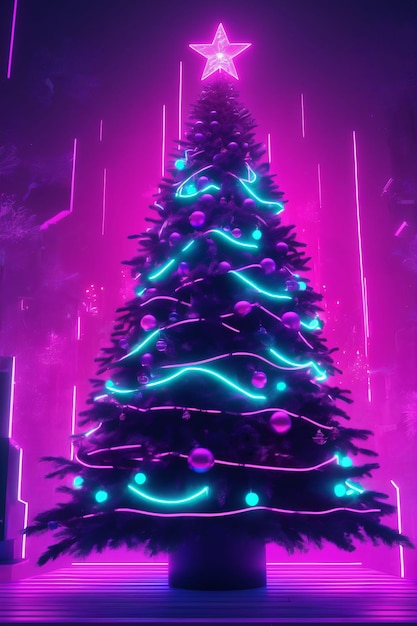 Leuchtend dekorierte Neon-Weihnachtsbaum-Weihnachtstapete