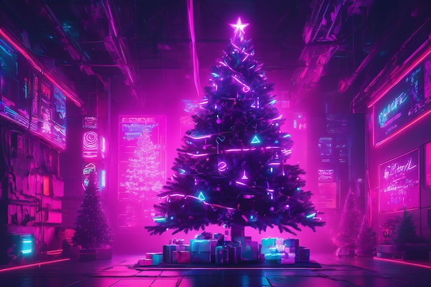 Leuchtend dekorierte Neon-Weihnachtsbaum-Weihnachtstapete