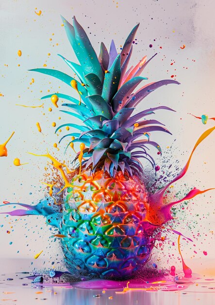 leuchtend farbige Ananas mit Splats und Splashes auf der Oberfläche generative ai