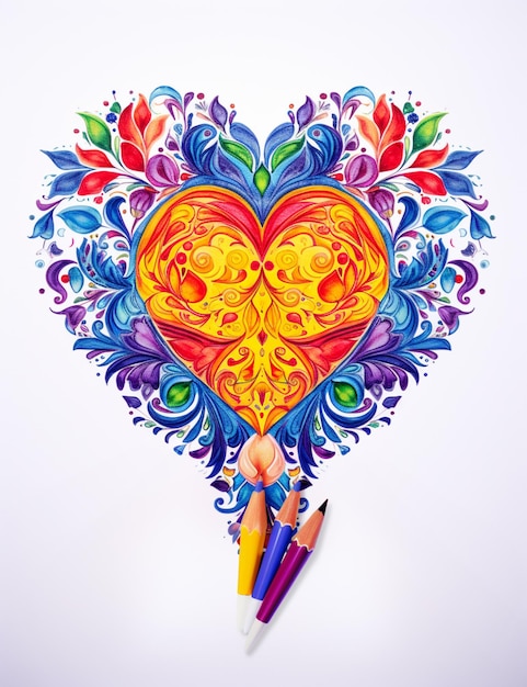 leuchtend farbige Bleistifte sind in der Form eines Herzens generative ai