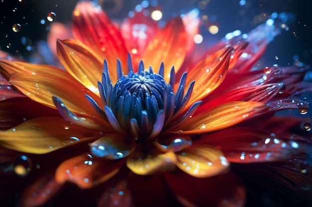 leuchtend farbige Blume mit Wassertropfen darauf im dunklen generativen ai