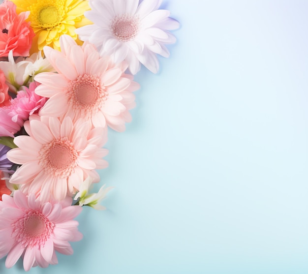 Leuchtend farbige Blumen sind in einer Ecke auf einem blauen Hintergrund angeordnet