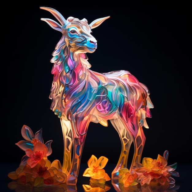 Leuchtend farbige Glasskulptur einer Ziege mit Blumen auf einer schwarzen Oberfläche generative ai
