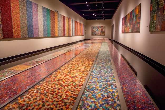 Leuchtend farbige Mosaikfliesen schmücken den Boden einer mit generativer KI erstellten Museumsgalerie