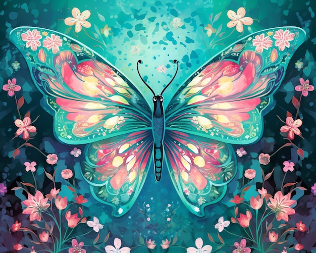 leuchtend farbiger Schmetterling mit rosa und blauen Flügeln und generativen Blumen