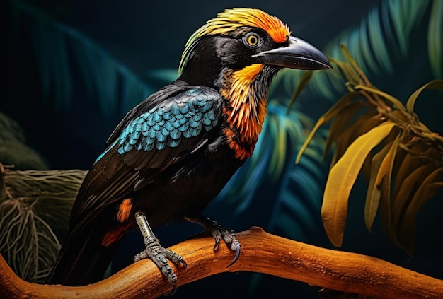 leuchtend farbiger Vogel, der auf einem Ast in einer tropischen Umgebung thront, generative KI