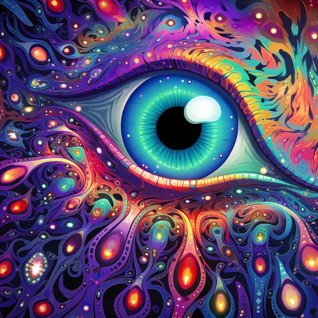 leuchtend farbiges psychedelisches Auge mit wirbelnden Mustern und einem generativen KI auf schwarzem Hintergrund