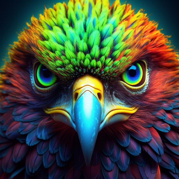 leuchtend gefärbter Vogel mit leuchtend blauen Augen und grünem Schnabel