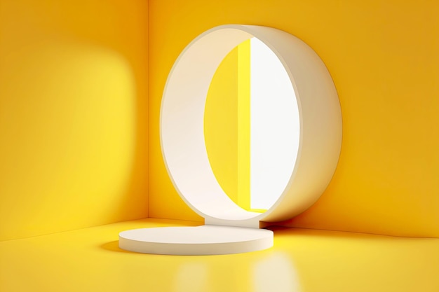 Leuchtend gelbe 3D-Darstellung minimaler Raum mit großem weißem Kreis auf Sockel generativer ai