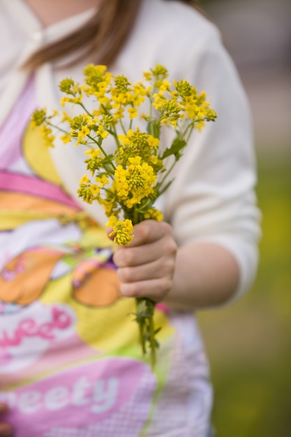 Leuchtend gelbe Sommerwildblumen in der Hand eines kleinen Mädchens