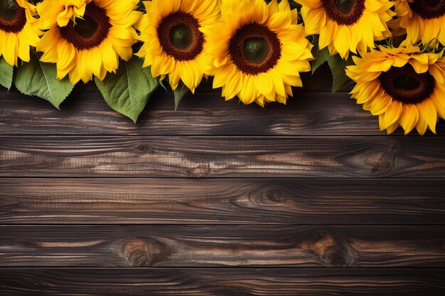 Foto leuchtend gelbe sonnenblumen auf einem dunklen holzhintergrund