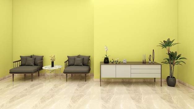 Leuchtend gelbe Wände und Holzmuster-Marmorboden in einem Wohnzimmer mit modernen Möbeln