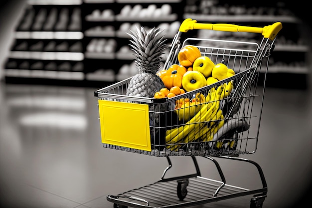 Leuchtend gelber Einkaufswagen voller frischem Obst und Gemüse im Supermarkt