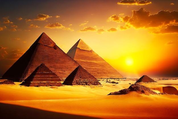 Leuchtend gelber Hintergrund mit alten ägyptischen Pyramiden und Gräbern des Pharaos