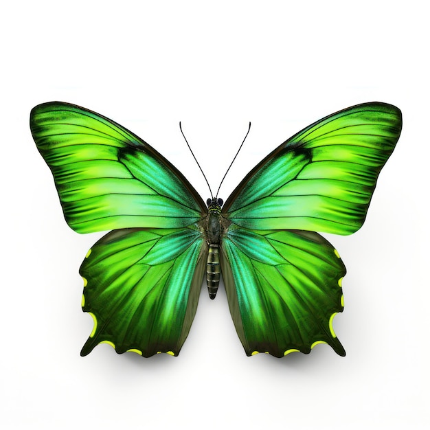 Leuchtend grüner Schmetterling auf sauberem weißen Hintergrund