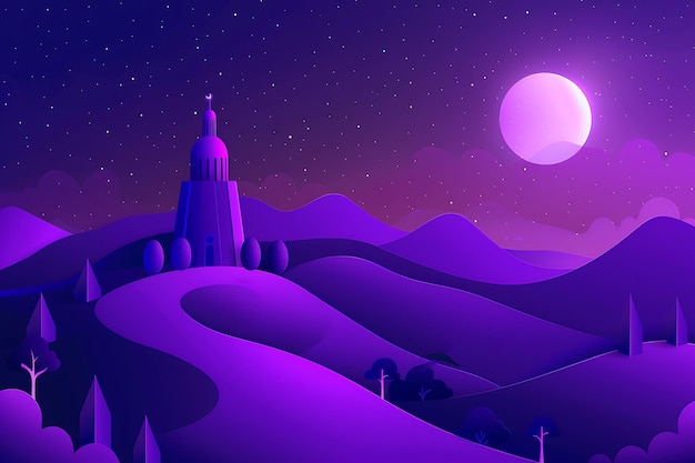 Leuchtend lila Ramadan-Hintergrund mit Mond und Moschee