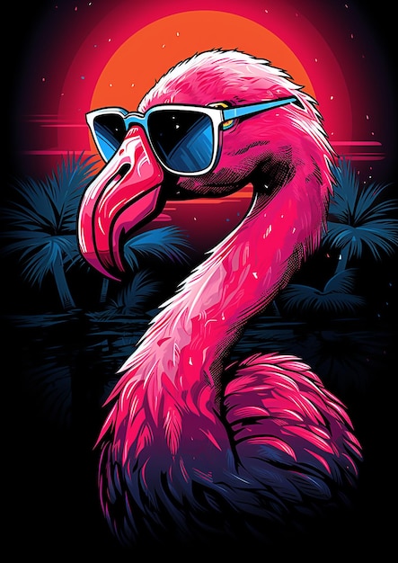 Leuchtend neonpinker Flamingo mit Palmen