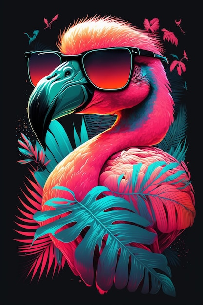 Leuchtend neonrosa Flamingo mit Palmblattillustration