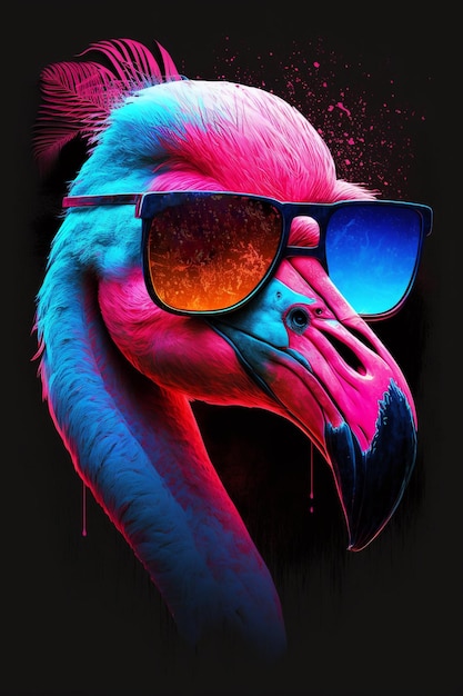 Leuchtend neonrosa Flamingo mit Palmblattillustration