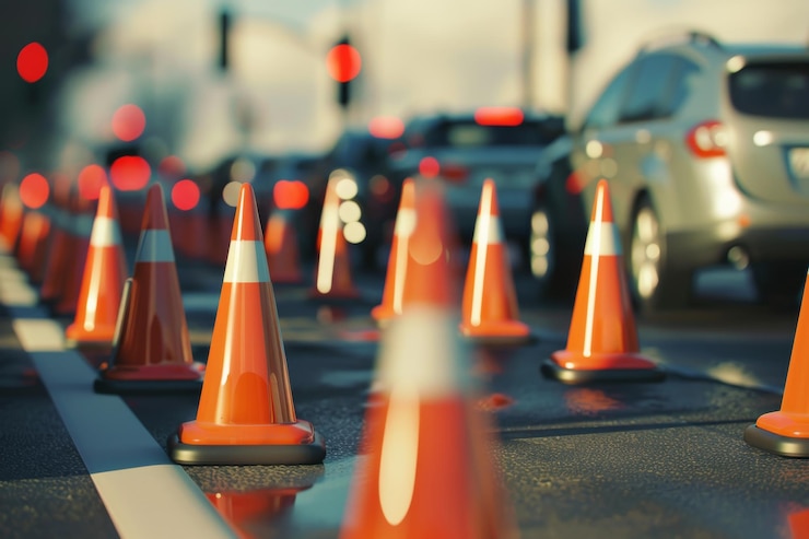 Foto leuchtend orangefarbene verkehrskegeln säumen eine belebte straße, um zu signalisieren, dass man vorsichtig ist und fahrzeuge während der hauptverkehrszeit durch ein überfülltes gebiet zu führen