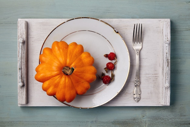 Leuchtend orangefarbener Kürbis und trockene Hagebutten auf einem Vintage-Teller und einem Provence-Tablett. Herbststillleben