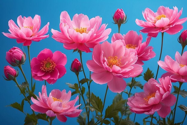 Leuchtend rosa Cosmeces auf blauem Hintergrund Schönes künstlerisches Bild von Blumen im Freien