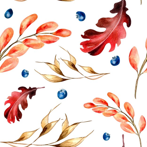 Leuchtend rote Blätter im Herbst und nahtloses Muster mit Ährchenaquarell auf Weiß