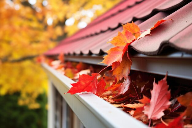 Leuchtend rote Dachrinne, die durch Herbstblätter verstopft ist