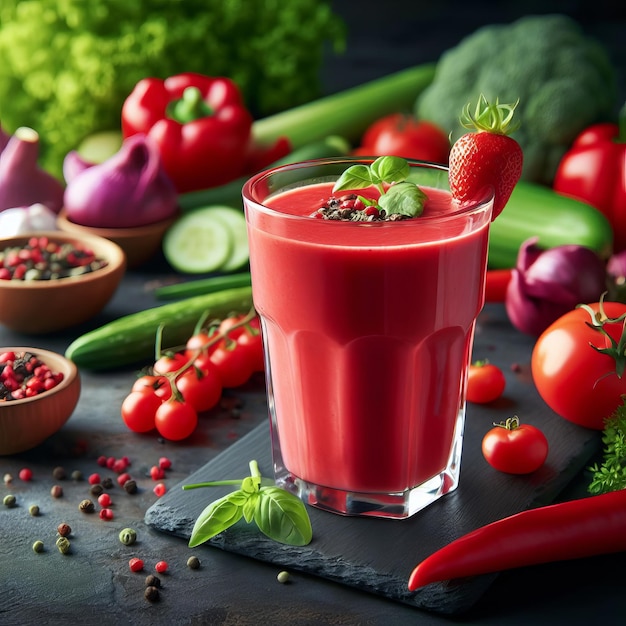 Leuchtend roter Smoothie-Cocktail in einem Glas, das mit Erdbeeren und viel frischem Gemüse geschmückt ist