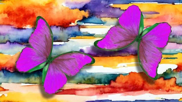 Leuchtend violette tropische Morpho-Schmetterlinge auf einem verschwommenen, farbenfrohen Aquarellhintergrund