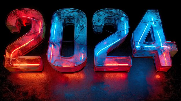 Leuchtende 2024 Fluoreszierende Acryl-Typographie auf dunklem Hintergrund