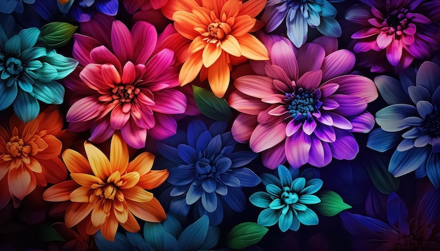 Leuchtende Blumen auf schwarzem Hintergrund im Neonfarben-Frühlingskonzept