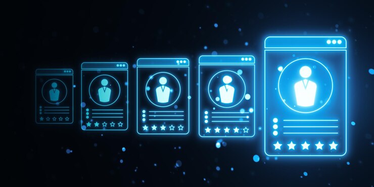 Foto leuchtende digitale benutzerprofile in neonblau auf dunklem hintergrund, die hr-technologie und virtuelles soziales netzwerk darstellen 3d-rendering