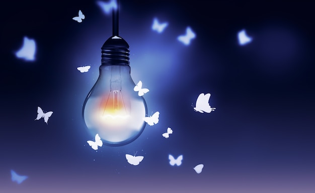 Leuchtende Glühbirne und Schmetterlinge, die auf Licht fliegen
