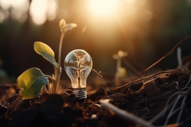 Leuchtende Glühbirne und Sprossen wachsen aus dem Energiekonzept des Bodens. Glühbirne und eine kleine Pflanze auf dem Boden, die durch KI erzeugt wird