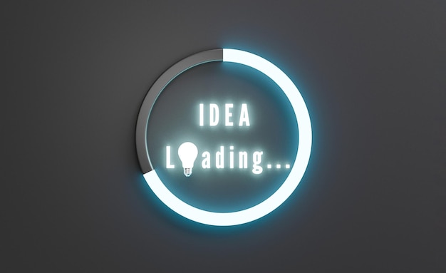 Leuchtende Ideenladeformulierung mit progressivem Symbol und Glühbirne für kreative Denkideen, Innovation und Problemlösungskonzept durch Technologie 3D-Rendering