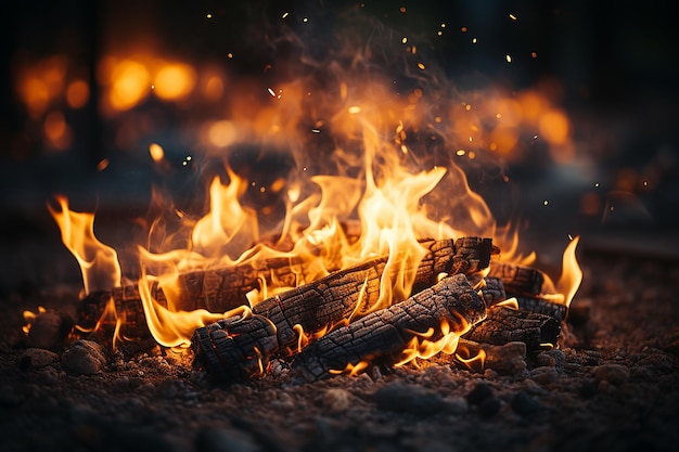 Leuchtende Inferno-Bokeh-Feuersturmlichter auf schwarzem Hintergrund